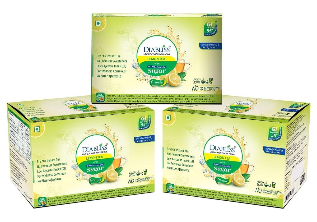 uk81jQ1Li1FZL-1-1.jpg Diabliss Diabetic Friendly Lemon Tea Black, Teabags Made With Low Gi Sugar - Free From Chemical/Artificial Sweetener - Low Gi - 300 Grams Sachet Box - Combo Pack Of 3(90 Sachets), Black Tea - Image 1