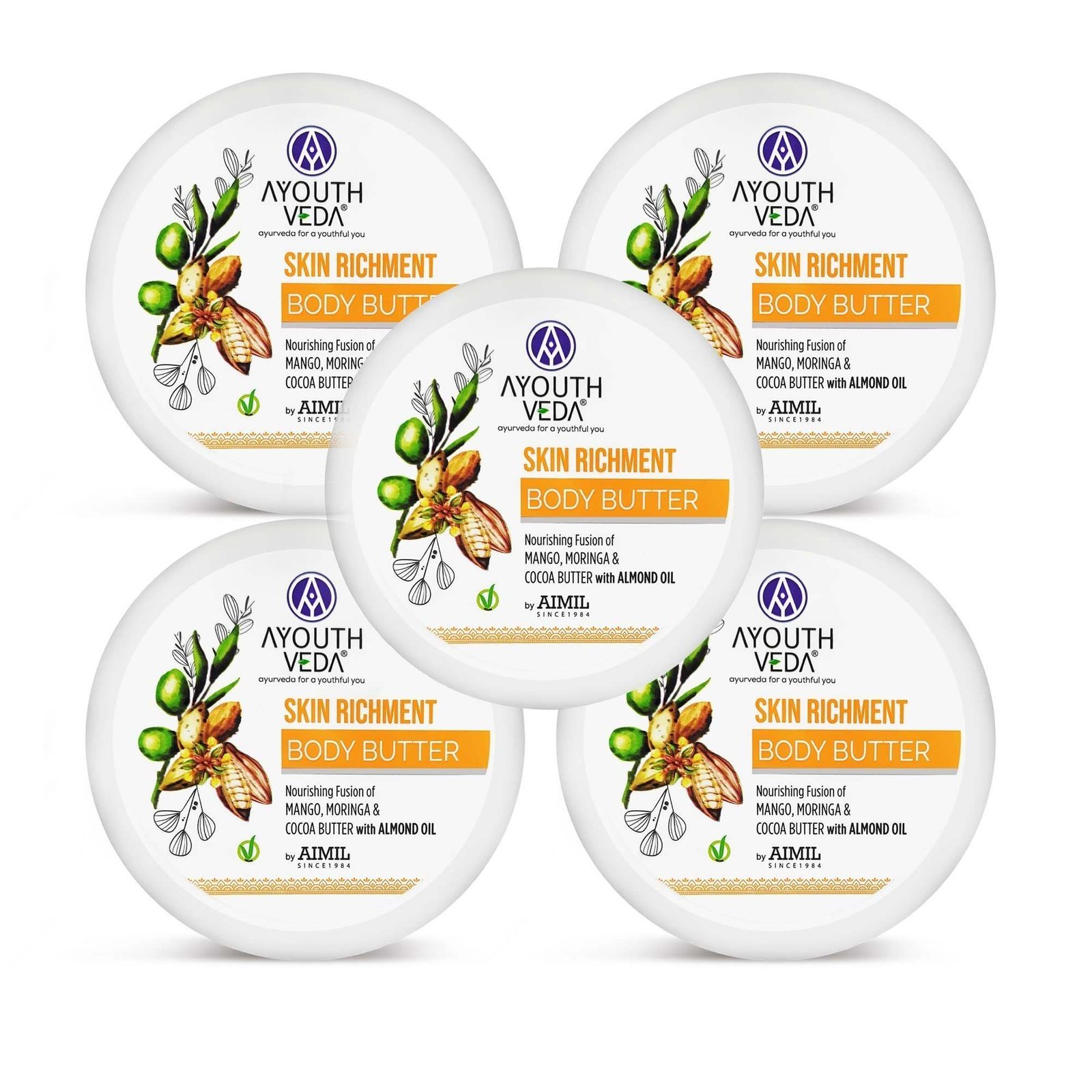 uk81kgBjcMiVL-1-1.jpg Ayouthveda Skin Richment Body Butter, Guard Skin from Damage with Its Nutrient-Rich Element, Mango, Cocoa, Moringa Butter (Pack of 5) (200gm each) - Fast UK Delivery - Image 1