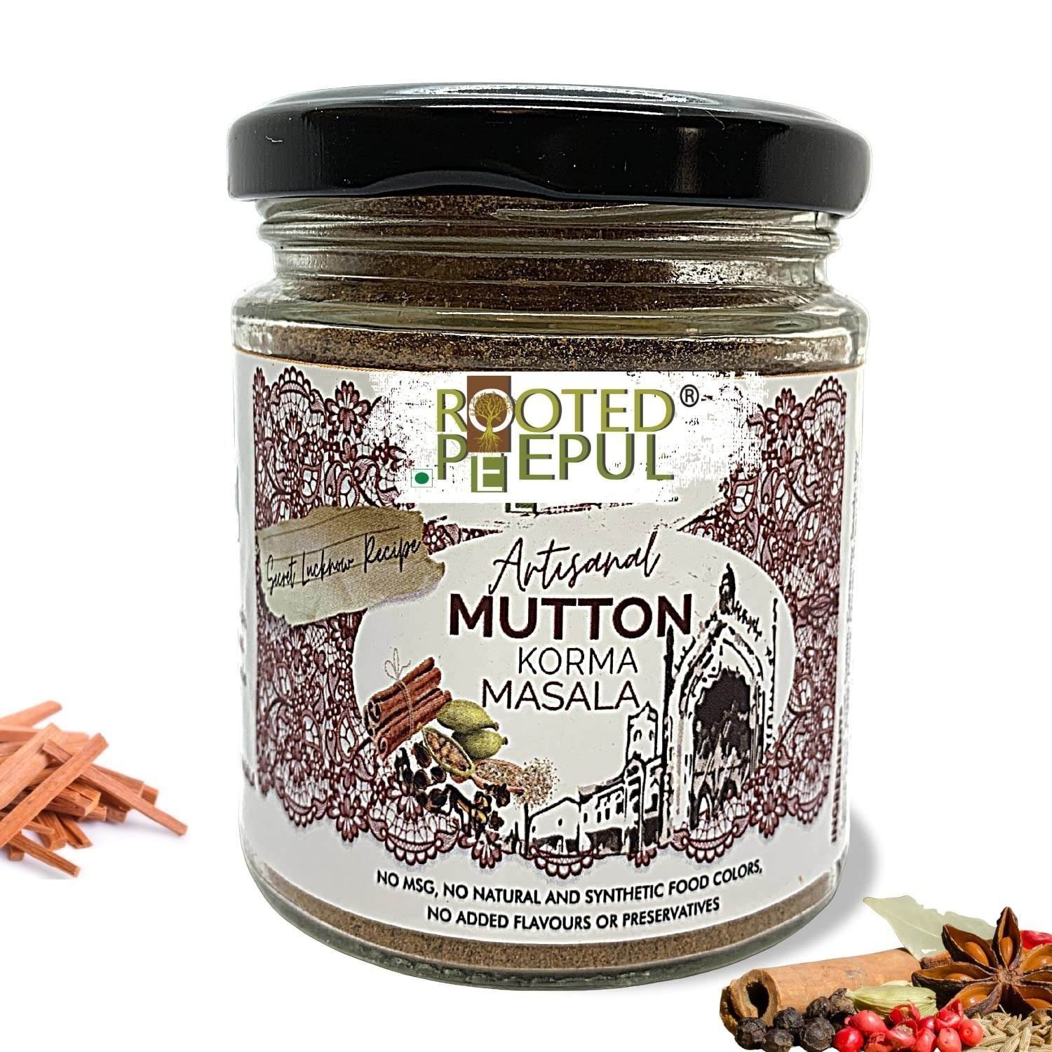 uk81sZxDdiCiL-1-1.jpg Rooted Peepul - Artisanal Mutton Korma Masala Powder - Less Chilli and More Spice - Perfect Blend of 26 Rare Spices - No MSG, No Preservatives, No Artificial Colour or Flavour - 75 grams - Fast UK Delivery - Image 1