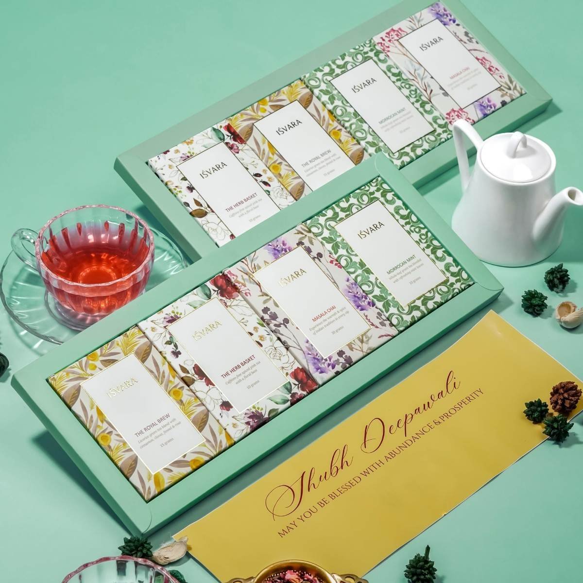 uk81z4sDbOxbL-1.jpg ISVARA Tea Gift - Tea Medley Gift Set, Set of 4 Unique Teas |The Herb Basket 10g |The Royal Brew 15g | Masala Chai 20 g| Moroccan Mint 10g | 55G - Fast UK Delivery - Image 1