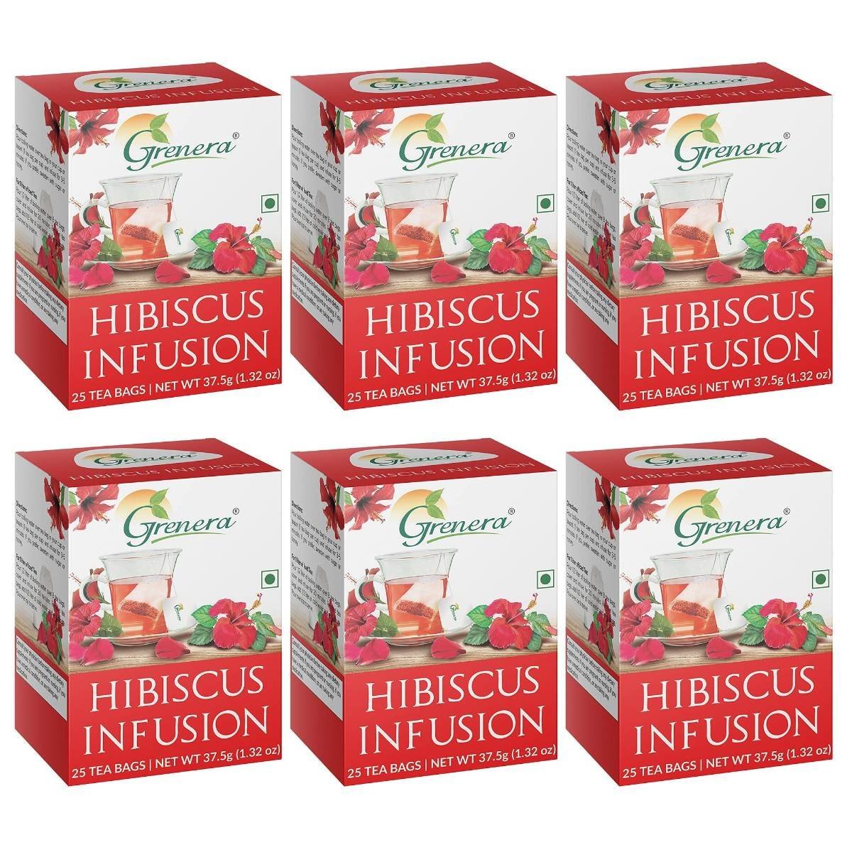 uk915tda611LL-1.jpg Grenera Hibiscus Tea 25 Dips (Pack of 6), Made With Real Hibiscus Petals, Delicious Red Tea For Sugar and High Blood Pressure Control, Hair Growth, Caffeine Free Infusion - Fast UK Delivery - Image 1