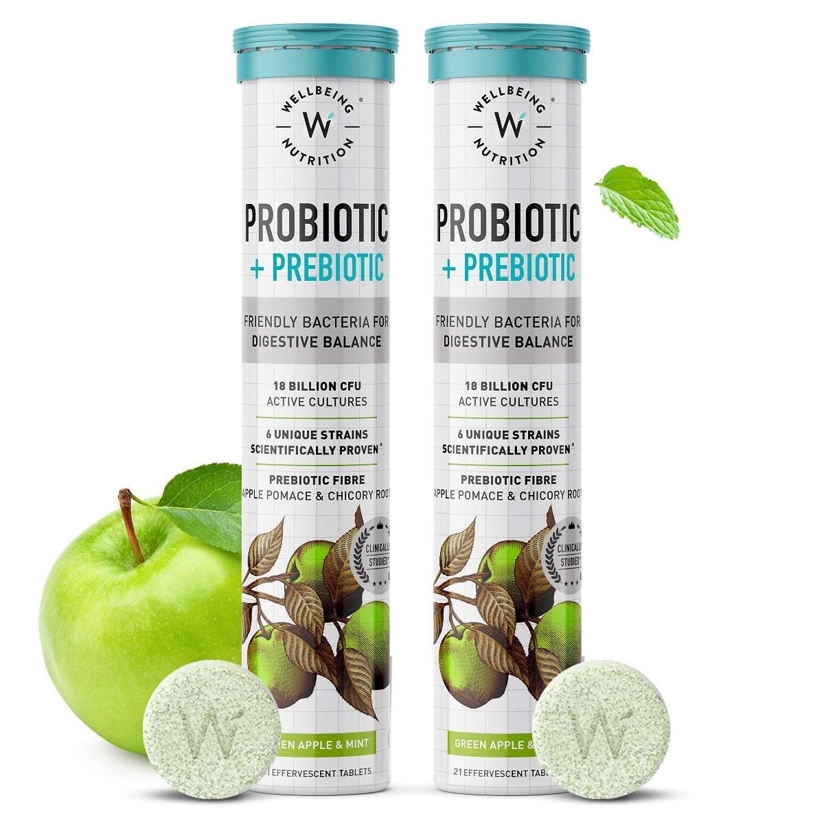 uk91HklT9ga6L-1.jpg Wellbeing Nutrition Daily Probiotics + Prebiotics | Improve Metabolism, Acidity Relief, Digestion & Gut Health | 18 Billion CFU Organic Probiotics Supplement for Men & Women (21 Effervescent Tabs) - Image 1
