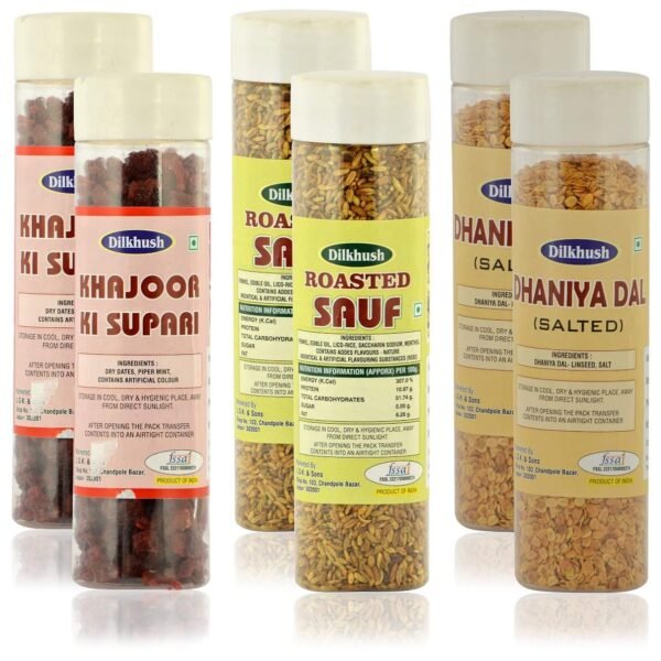 Dilkhush Khajoor Ki Supari and Roasted Sauf and Dhaniya Dal, 800 g (Combo of 6) - Fast UK Delivery