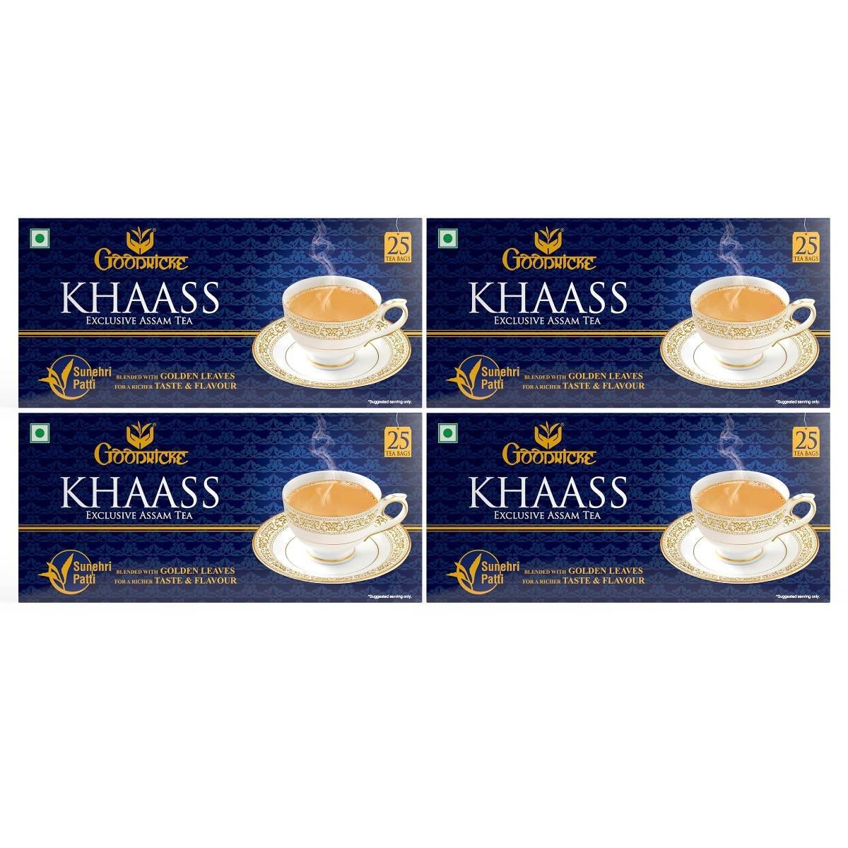 uk91uHZ8o6FwL-1.jpg GOODRICKE Khaass Assam Tea - 25 Tea Bags (Pack of 4) | 100% Natural Assam Chai with Golden leaves | Sweet Lasting Flavour - Fast UK Delivery - Image 1