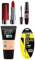 Maybelline New York Date Night Makeup Kit - Fit Me Foundation Tube Natural Beige + Hypercurl Mascara Washable + Colossal Kajal + Creamy Matte Siren In Scarlet, 1 Count - Fast UK Delivery - Image 2