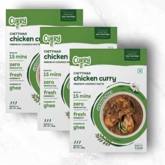 uk41KvMo76lWL-1-1.jpg CURRYiT Chettinad Chicken Curry Paste Pack (3X250g) | Ready to Cook in 15 mins | Serves 4-6 | Just add Fresh Mutton, Meat, Fish | Goodness of Ghee | No Preservatives | Eat with Chawal Roti | Indian Masala Gravy - Fast UK Delivery - Image 1