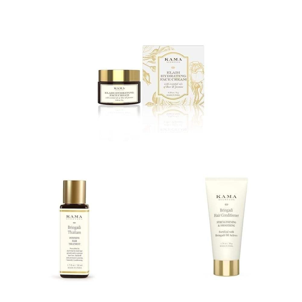 uk41lwadJFBML-1-1.jpg KAMA AYURVEDA ELADI HYDRATING FACE CREAM 8GM,Kama Ayurveda Bringadi Intensive Hair Treatment Oil 50ml - In,Kama Ayurveda Bringadi Hair Conditioner 50gm - Fast UK Delivery - Image 1