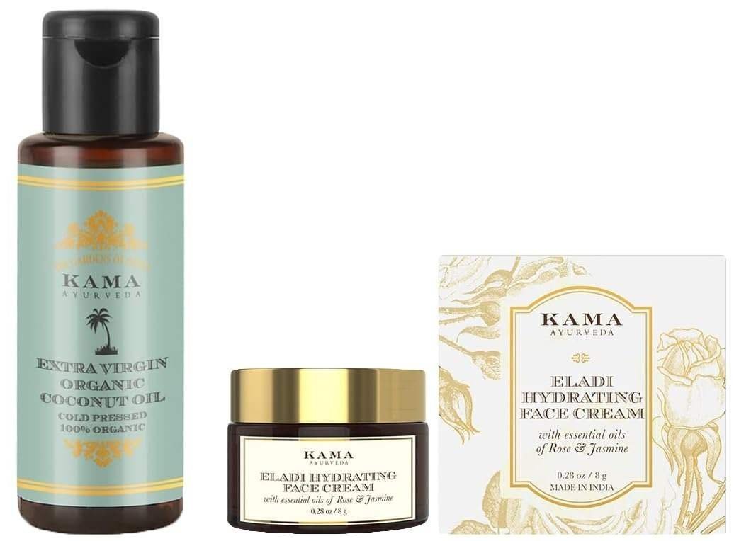 uk51-TwxrByeL-1-1.jpg KAMA AYURVEDA ELADI HYDRATING FACE CREAM 8GM & Kama Ayurveda Extra Virgin Organic Coconut Oil - 50ml Combo - Fast UK Delivery - Image 1