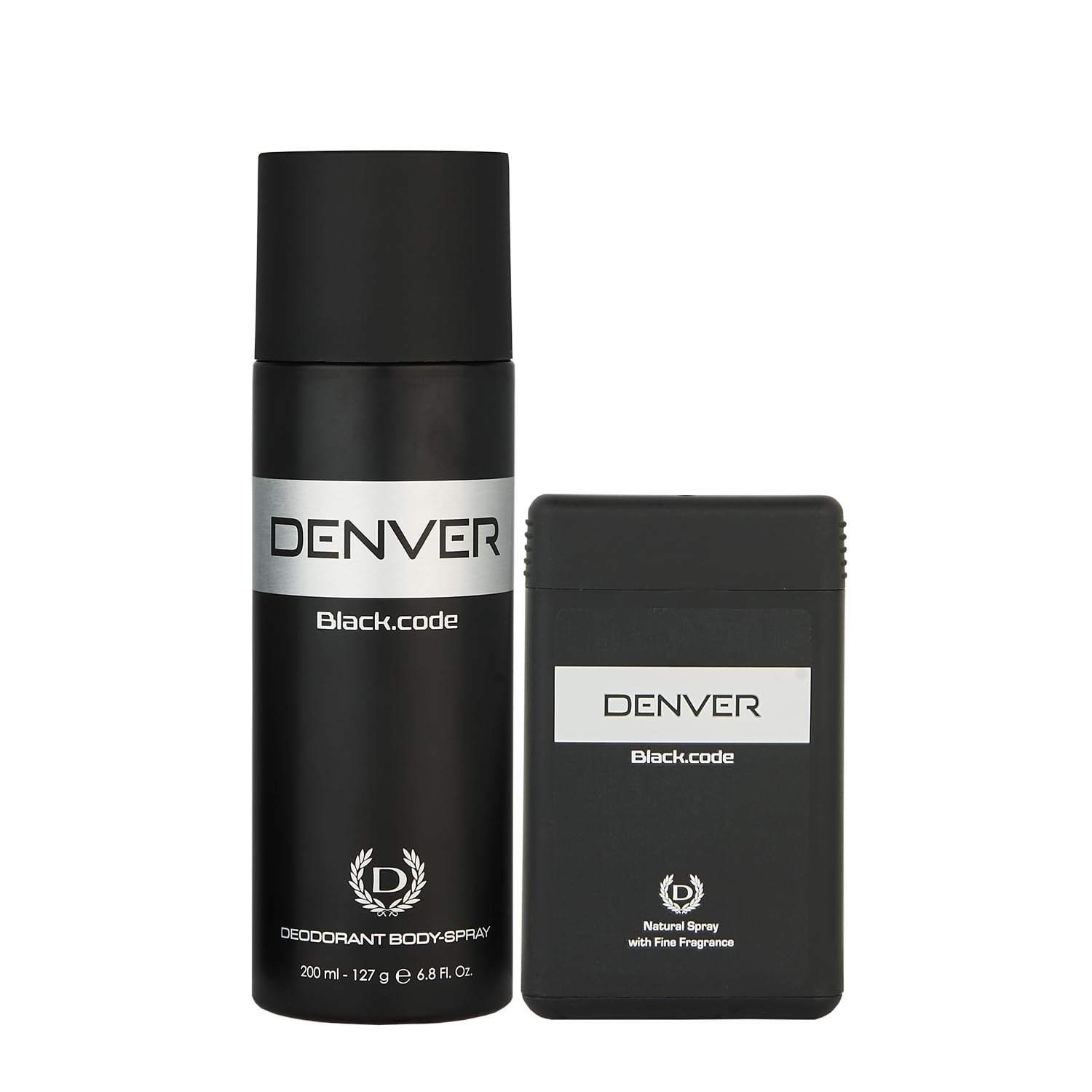 uk510WbRCOH7L-1-1.jpg DENVER Black Code Pocket Perfume - 18ML & Black Code Deodorant - 200ML (Combo Pack of 2) | Long Lasting Deo Body Spray for Men - Fast UK Delivery - Image 1