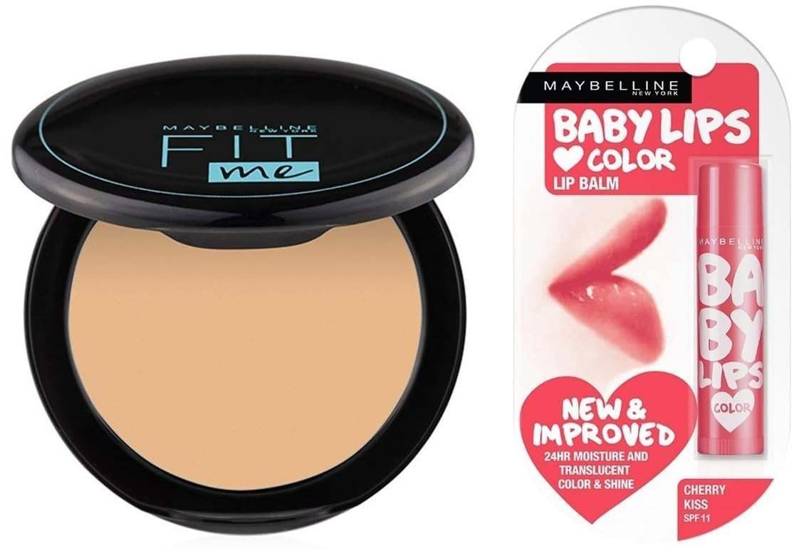 uk511nibFlRKL-1.jpg Maybelline New York Matte Compact Powder For All Skin Types, With Spf To Protect Skin From Sun, Absorbs Oil, Fit Me, 128 Warm Nude, 8G & New York Baby Lips Lip Balm, Cherry Kiss, 4 Gram,Beige - Fast UK Delivery - Image 1