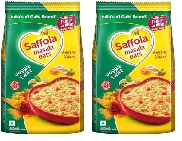 uk512mDCV2tTL-1-1.jpg Saffola Masala Oats |Veggie Twist | Tasty, Anytime Snack | Ready in 3 mins | Millets Goodness- with Bajra & Jowar | No maida, No added preservatives | Oats helps manage weight |500g (Pack of 2) - Fast UK Delivery - Image 1