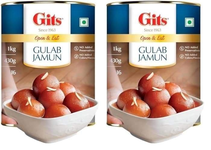 uk518AVY0ZijL-1.jpg Gits Open & Eat Gulab Jamun Tin, 16 Pieces per Can, Mouth-Watering Indian Mithai, 1Kg (Pack of 2) - Fast UK Delivery - Image 1