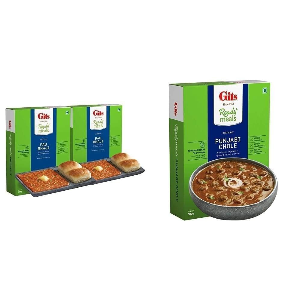 uk519OIQ3Uc2L-1.jpg Gits Ready to Eat Pav Bhaji, Pure Veg, Heat and Eat, Microwaveable, 600g (Pack of 2, 300g Each) & Gits Ready to Eat Punjabi Chhole, 300g - Fast UK Delivery - Image 1