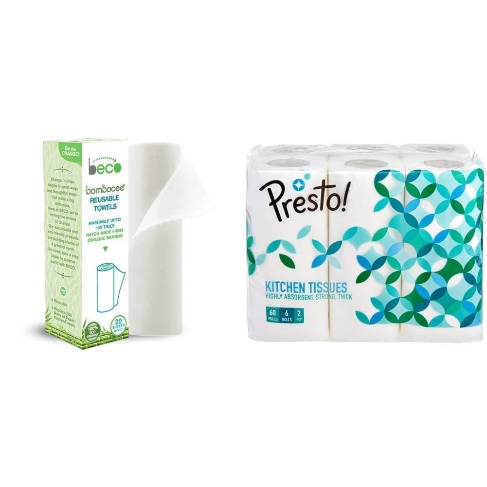 uk51Gpx3Q2tL-1.jpg Beco Reusable Kitchen Towel Roll (20 Sheets) Natural & Organic Cleaning Bamboo Cloth Ecofriendly and Biodegradable and Presto! 2 Ply Kitchen Tissue/Towel Paper Roll - 6 Rolls (60 Pulls Per Roll) - Fast UK Delivery - Image 1