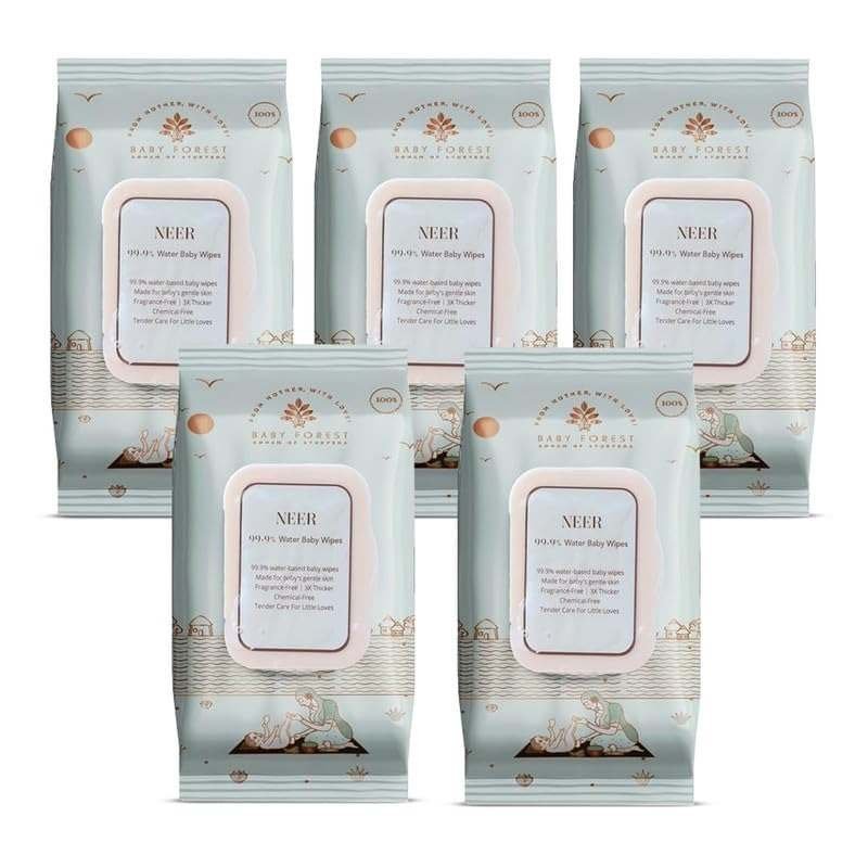 uk51JvO8wJ0EL-1-1.jpg Baby Forest Neer 99.9% Water Baby Wipes- Pack of 5 | Ideal for 0 Plus Months | No Added Fragrance | Cruelty-Free | Plant-Based Formulations | Pack of 5 Wipes | Dermatologically Tested - Fast UK Delivery - Image 1