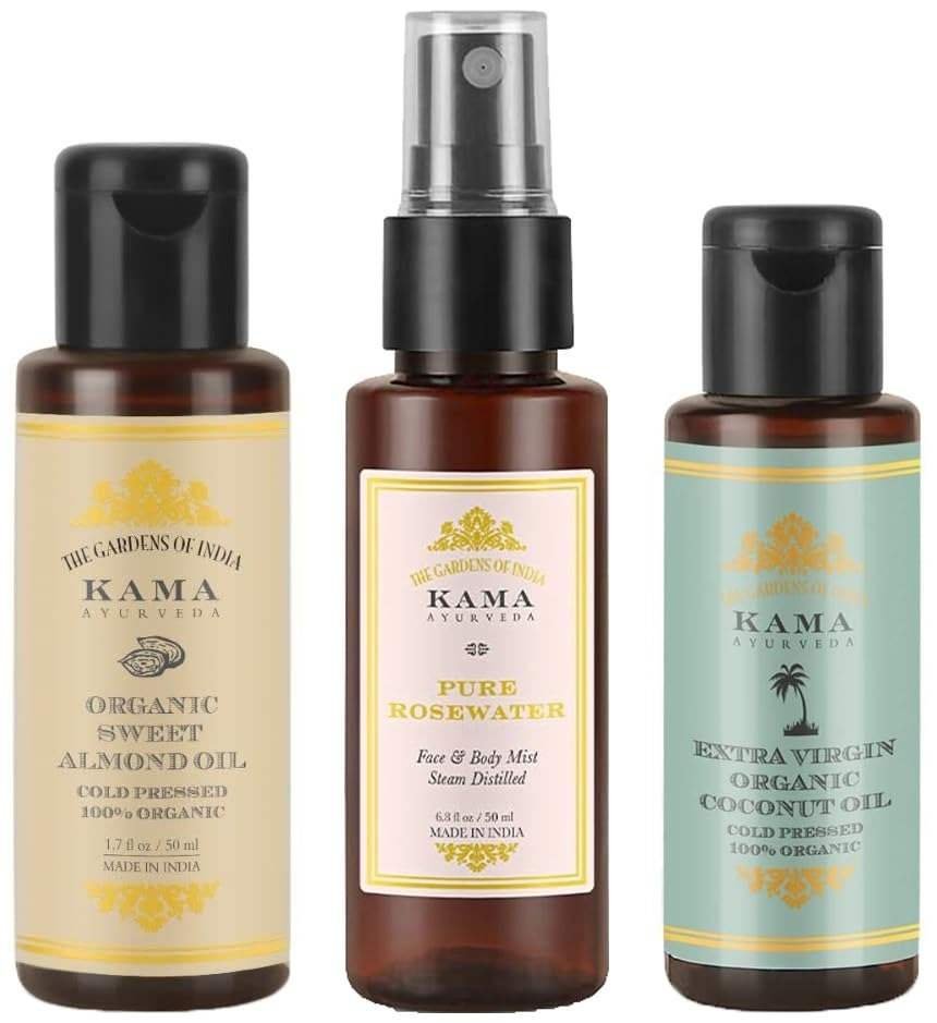 uk51KFqLhjCpL-1-1.jpg Kama Ayurveda Organic Sweet Almond Oil & Kama Ayurveda Pure Rose, Pack of 50ml liquid & Kama Ayurveda Extra Virgin Organic Coconut Oil - 50ml - Fast UK Delivery - Image 1
