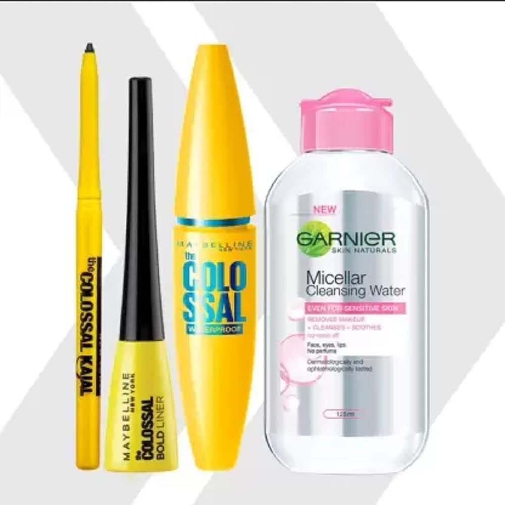 uk51LhRN1-O5L-1.jpg MAYBELLINE NEW YORK Call Me Colossal Kit - Colossal Waterproof Mascara + Colossal Kajal + Colossal Bold Liner with Garnier Micellar Cleansing Water, 125ml (Black, 205 g) - Fast UK Delivery - Image 1