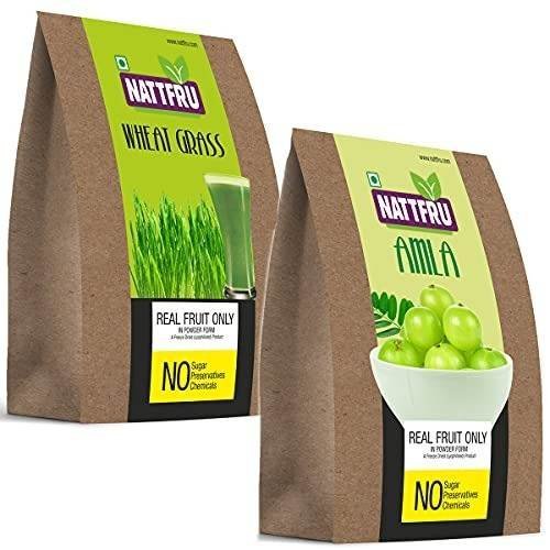 uk51NJejcw6RS.jpg Nattfru Wheat Grass and Amla Juice Powder, Organic, 100% Natural and Real Fruit, No Preservatives - (14gm + 20gm) - Fast UK Delivery - Image 1