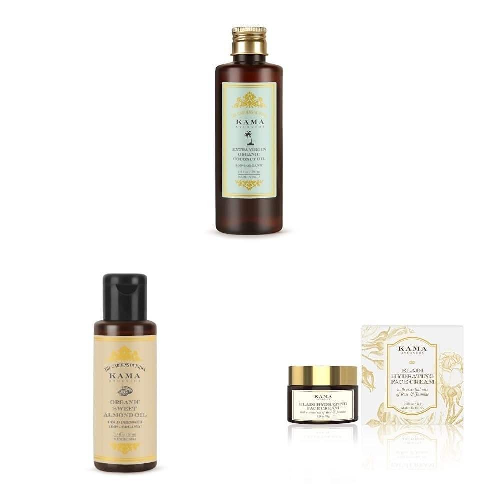 uk51NuMogjjNL-1-1.jpg Kama Ayurveda Extra Virgin Organic Coconut Oil - 200ml,Kama Ayurveda Organic Sweet Almond Oil (50ml - In),KAMA AYURVEDA ELADI HYDRATING FACE CREAM 8GM - Fast UK Delivery - Image 1