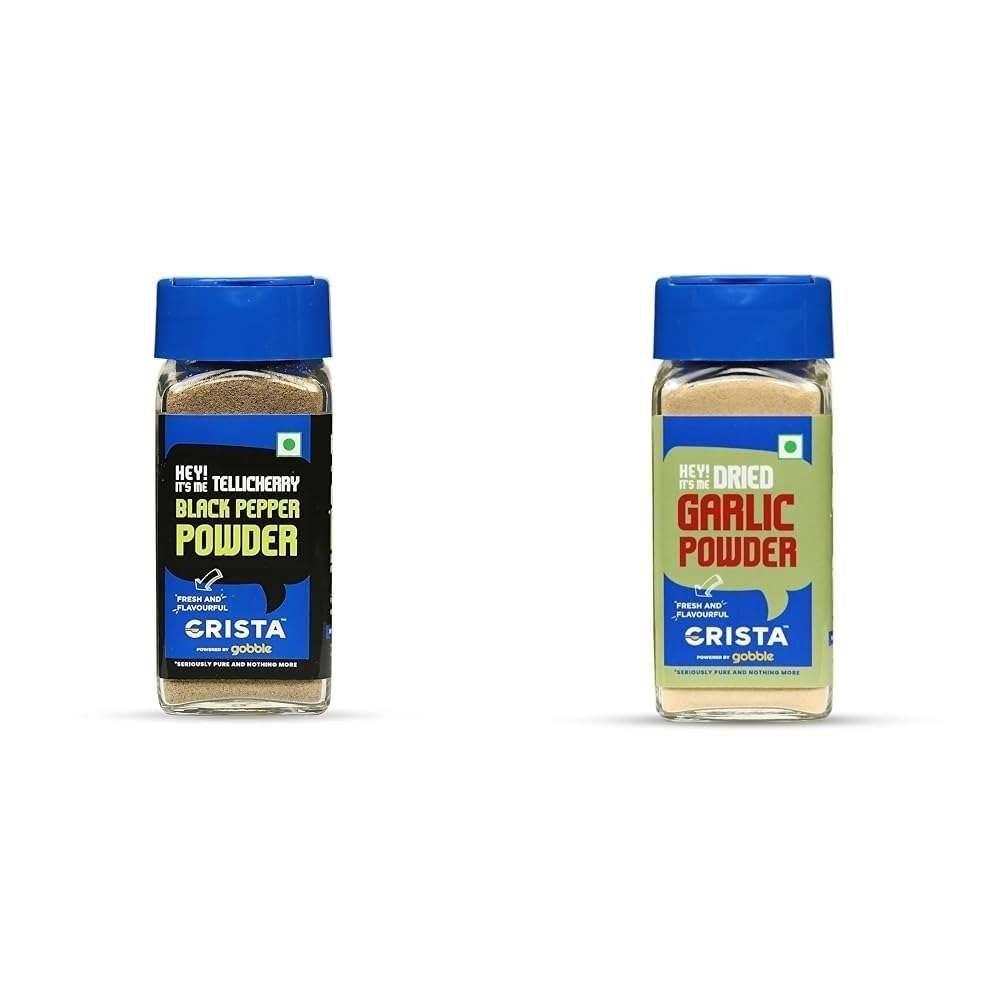 uk51OisbeGzLL-1-1.jpg CRISTA Essential Ground Spices Combo - 4 | Black Pepper Powder X 1, 50 gms & Garlic Powder X 1, 45 gms | No Added Colours, Fillers & Preservatives | Pack of 2 - Image 1