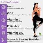 HEALTH VEDA ORGANICS PRIVATE LIMITED Chelated Iron Folic Acid Supplement With Zinc, Vitamin C & B12, Zinc & Spinach Leaves | Hemoglobin, Boost Immunity & Maintains Iron Level | 60 Vegan Capsules - Fast UK Delivery - Image 6