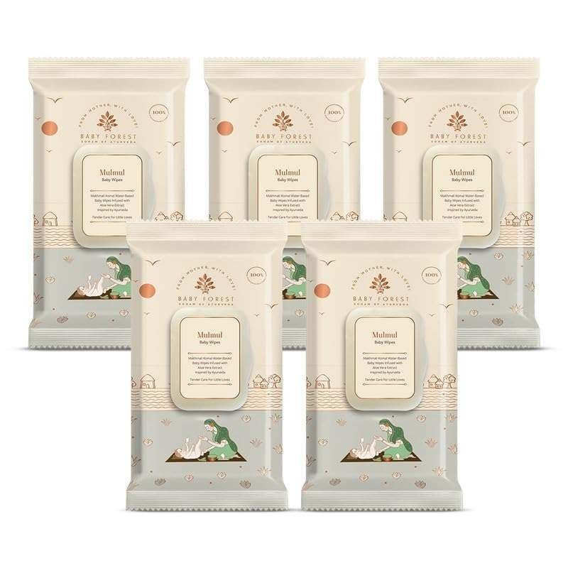 uk51P0y0wybyL-1-1.jpg Baby Forest Mulmul Baby Wipes | Ultra-Soft Baby Wet Wipes | Water Based Wipes | Chemical Free & Organic Baby Wipes | 3x Thicker & Softer Wipes | 72 Wipes | Pack of 5 - Fast UK Delivery - Image 1