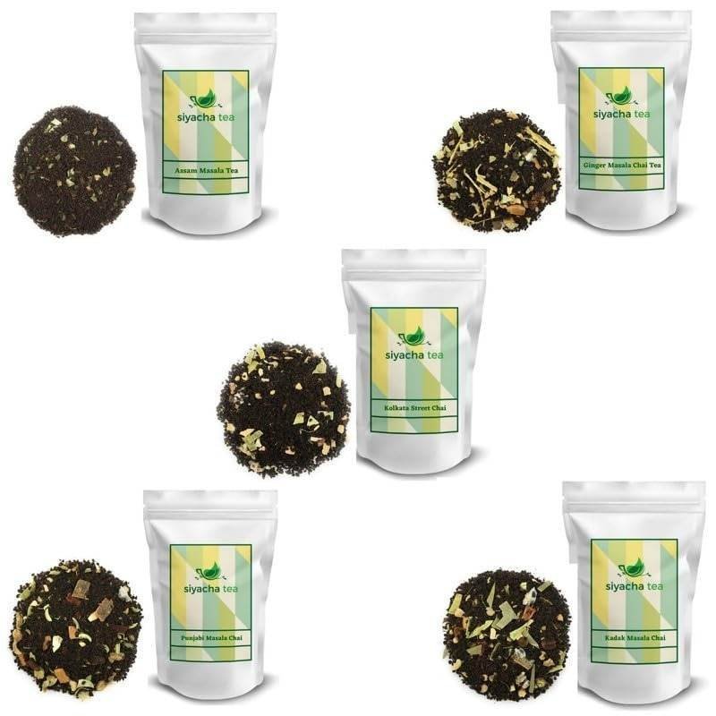 uk51REUwKcSkL-1-1.jpg Siyacha Tea Sampler Masala Chai 5 Variety Pack|Assorted Masala Assam CTC Tea, Ginger Masala Chai,Kolkata Street Chai, Punjabi Masala Chai,Kadak Masala Chai|Loose Leaf Variety Pack|20g Each, 100g Pouch - Fast UK Delivery - Image 1