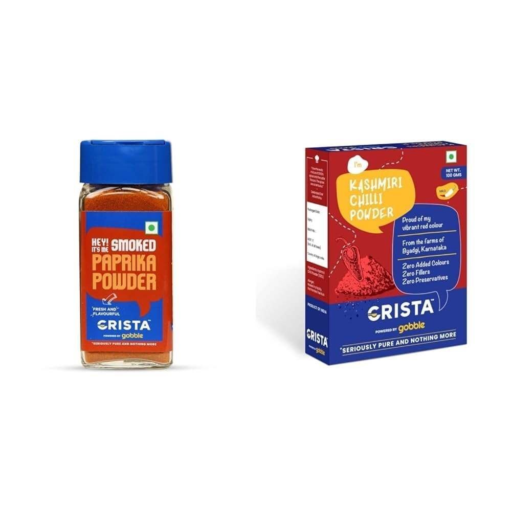 uk51RVxKXs7HL-1-1.jpg CRISTA Essential Ground Spices Combo - 1 | Paprika Powder X 1, 45 gms & Kashmiri Chilli Powder X 1, 100 gms | No Added Colours, Fillers & Preservatives | Pack of 2 - Image 1