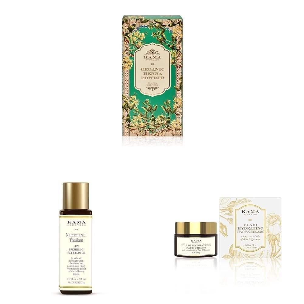 uk51Rzm6FeVFL-1-1.jpg Kama Ayurveda Organic Henna Powder, 100g - Brown,Kama Ayurveda Nalpamaradi Thailam Skin Brightening Treatment- 50,KAMA AYURVEDA ELADI HYDRATING FACE CREAM 8GM - Fast UK Delivery - Image 1