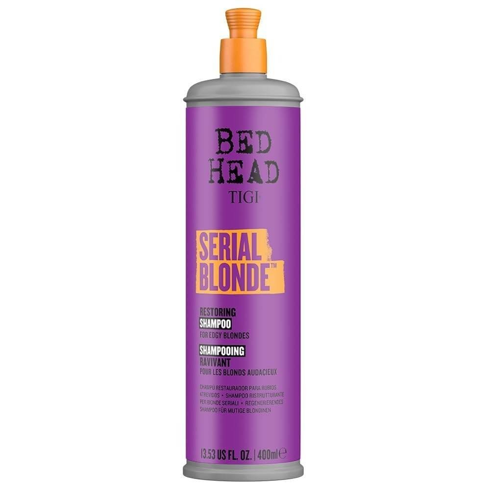 uk51VJX472KRL-1.jpg Bed Head TIGI Serial Blonde Restoring Shampoo for Damaged Hair, Colour Enhancing & Protection Shampoo with Keratin for Blonde Coloured Hair, Restores & Revives, UV Protection, Deep Cleanses & Moisturizes Hair, Exotic Tropical Fragrance, 400ml - Fast UK Delivery - Image 1