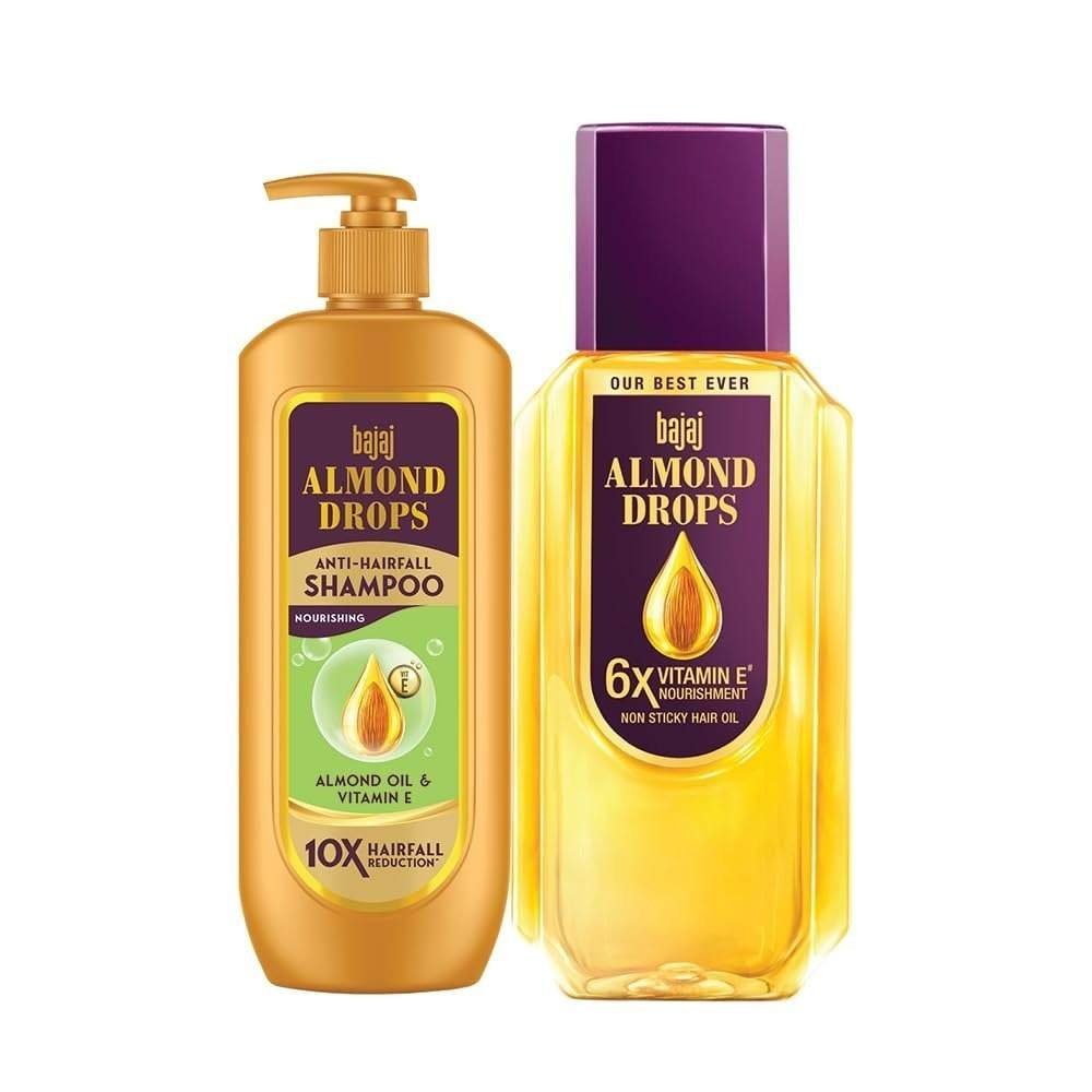 uk51VrOucxTJL-1-1.jpg Bajaj Almond Drops Hair Nourishment Kit with 350ML Hair Oil & 340ML Shampoo for Hairfall Reduction & Soft, Shiny Hair - Fast UK Delivery - Image 1