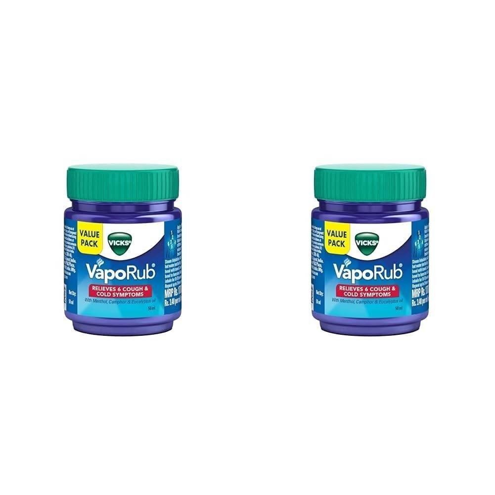 uk51c0Ve66cML-1-1.jpg Vicks Vaporub 50ml, Relief From Cold, Cough, Blocked Nose, Headache, Body Ache, Muscular Stiffness And Breathing Difficulty (Pack of 2) - Fast UK Delivery - Image 1