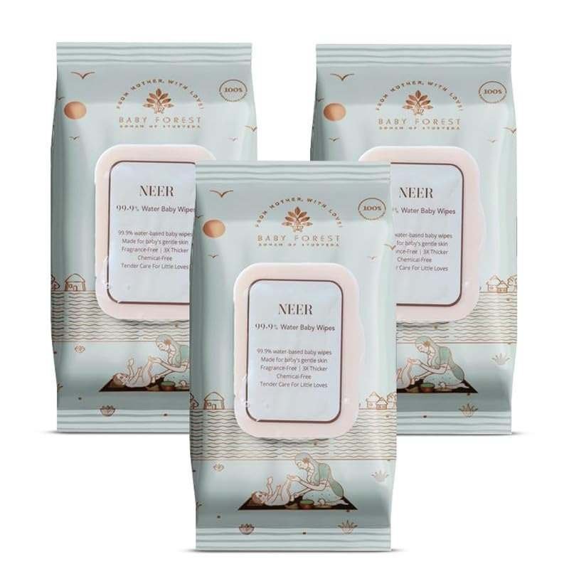 uk51dFEoK2SeL-1-1.jpg Baby Forest Neer 99.9% Water Baby Wipes- Pack of 3 | Ideal for 0 Plus Months | No Added Fragrance | Cruelty-Free | Plant-Based Formulations | Pack of 3 Wipes | Dermatologically Tested - Fast UK Delivery - Image 1