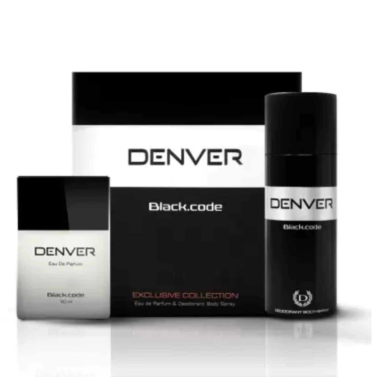 uk51ej5x9mo0L-1-1.jpg Denver Black Code Exclusive Collection Gift Set: Deo (150Ml) + Aerosol Perfume (60Ml) | Long Lasting Fresh Fragrance Gift Set for Men - Fast UK Delivery - Image 1