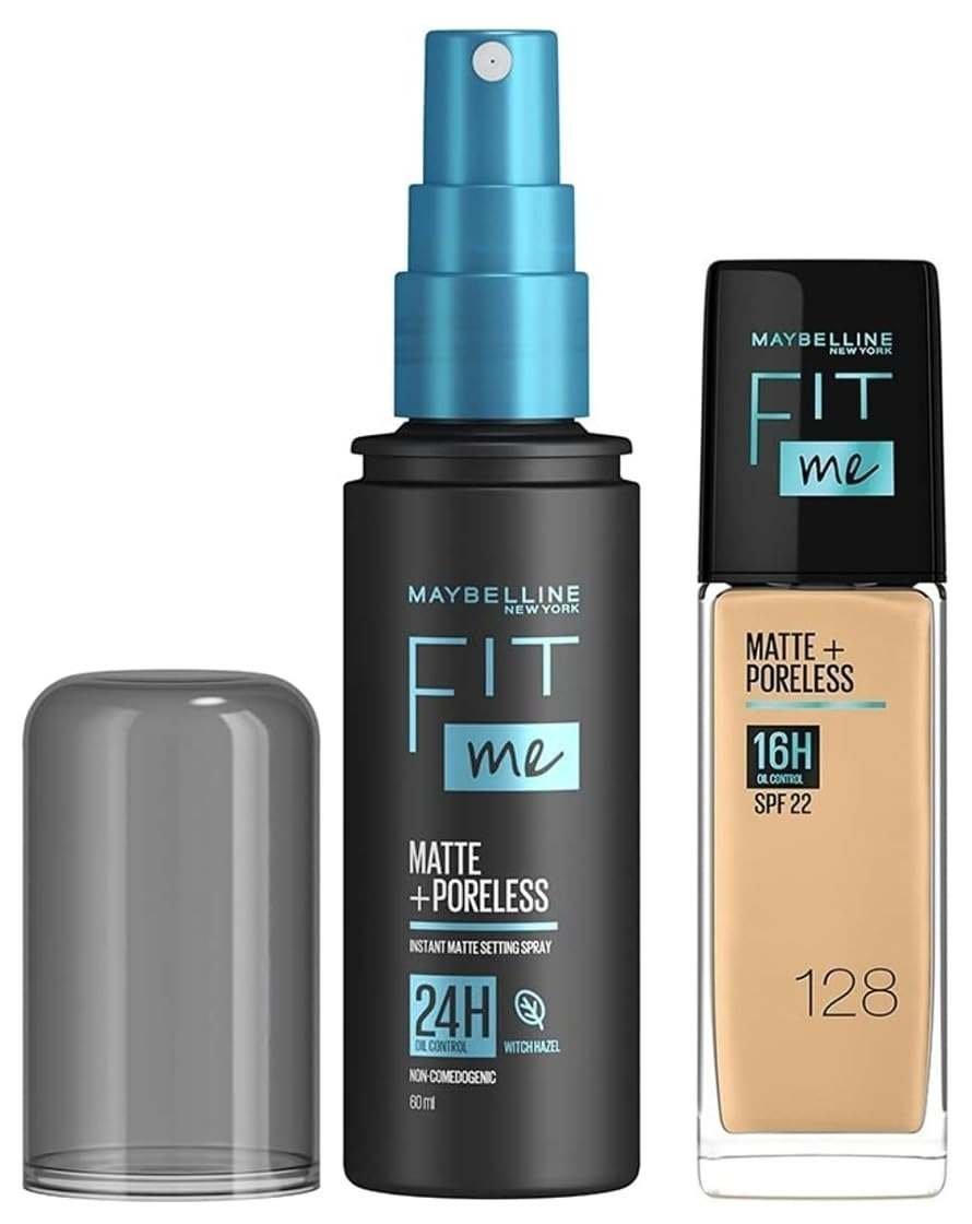 uk51fDJmfKnDL-1.jpg Maybelline New York Fit Me Matte+Poreless Liquid Foundation Medium Coverage For Oily Skin oil, 128 Warm Nude, 30Ml With Spf Fit Me Matte + Poreless Setting Spray, 60 Ml, Pack Of 1 - Fast UK Delivery - Image 1