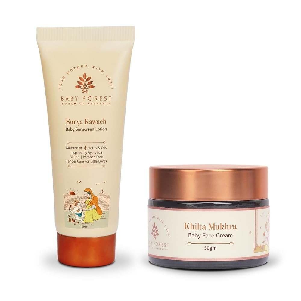 uk51fzxR-0LvL-1-1.jpg Baby Forest Surya Kawach Baby Sunscreen Lotion SPF 15, Paraben free, 100 gm with Khilta Mukhra Baby Face Cream 50 gm - Fast UK Delivery - Image 1