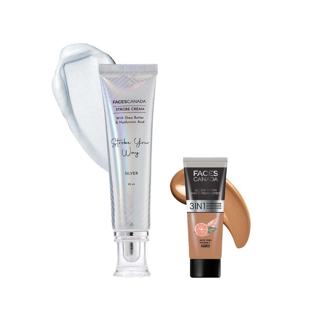 uk51g1JfgbEWL-1.jpg FACESCANADA Celeb Glow Kit | Silver Strobe Cream (30Ml) + Warm Sand All Day Hydra Matte Mini Foundation (15Ml) | Makeup Kit For Women (Combo Pack Of 2) - Fast UK Delivery - Image 1