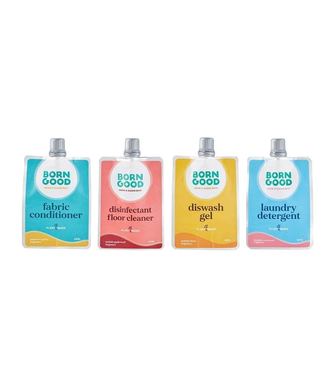 uk51gtLsOrevL-1-1.jpg Born Good Plant Based Laundry Detergent, Disinfectant Floor Cleaner, Fabric Conditioner And Dishwash Gel - 40 ml Each (Combo Pack of 4) Trial Pack - Fast UK Delivery - Image 1