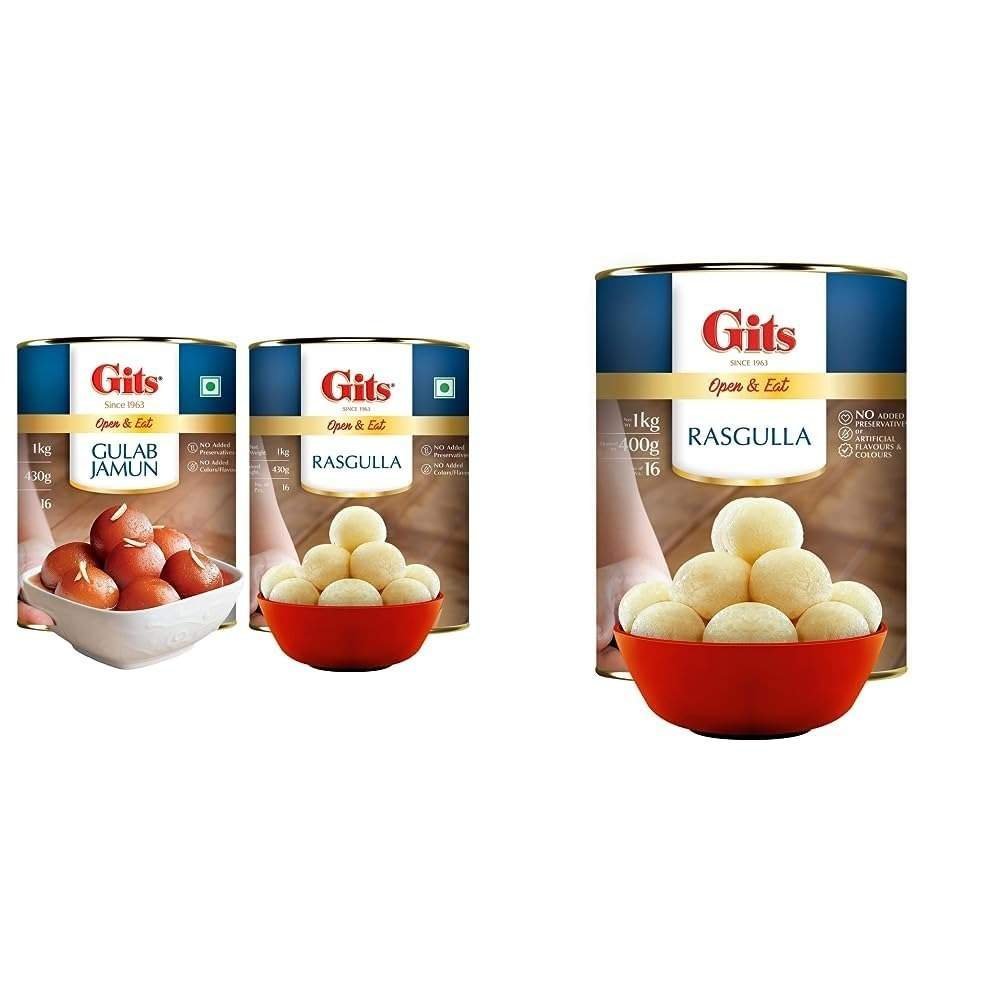 uk51iMryB3MnL-1.jpg Gits Open & Eat Gulab Jamun + Rasgulla, 16 Pieces Per Can, 2Kg (2000gram)(1Kg Gulab Jamun Tin + 1Kg Rasgulla Tin) & Gits Open & Eat Rasgulla Tin, 16 Pieces per Can, 1Kg - Fast UK Delivery - Image 1