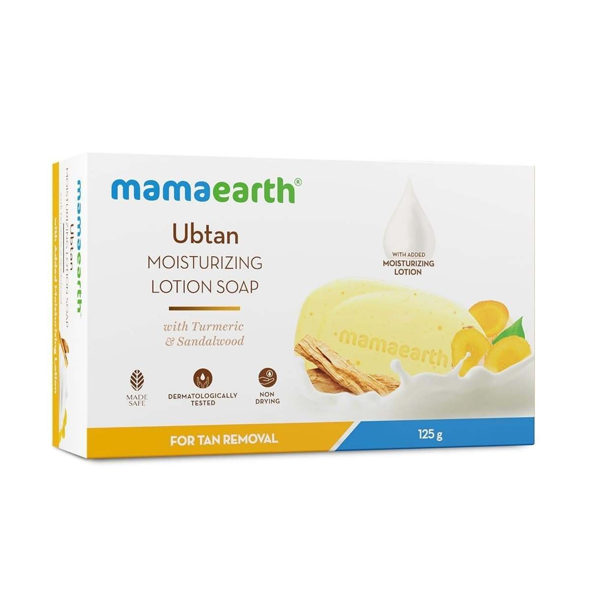 uk51ilEH5Q6sL-1.jpg Mamaearth Ubtan Moisturizing Lotion Soap with Turmeric & Sandalwood-125 g|Removes Tan|Benefits of Lotion in a Soap|Gently Exfoliates|Deeply Cleanses|Nourishes Dry Skin|Non-Drying|76% TFM Grade 1 Soap - Fast UK Delivery - Image 1