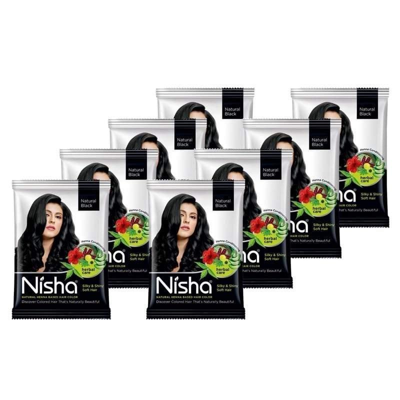 uk51jIWrLFkmL-1.jpg Nisha Natural Henna Powder for Hair Colour, Natural Black Semi-Permanent Hair Color, Herbal Conditioning Hair Dye for Silky & Shiny Soft Hair Colour for Men & Women 25g (Pack of 8) - Fast UK Delivery - Image 1