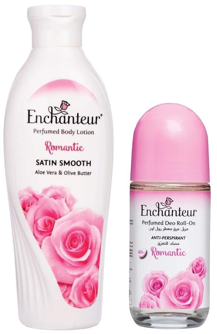 uk51jxjye5dLL-1-1.jpg Enchanteur Romantic Perfumed Body Lotion, 250ml, with Aloe Vera & Olive Butter for Satin Smooth Skin & Enchanteur Romantic Roll-On Deodorant for Women, 50ml with Roses & Jasmine Extracts - Fast UK Delivery - Image 1