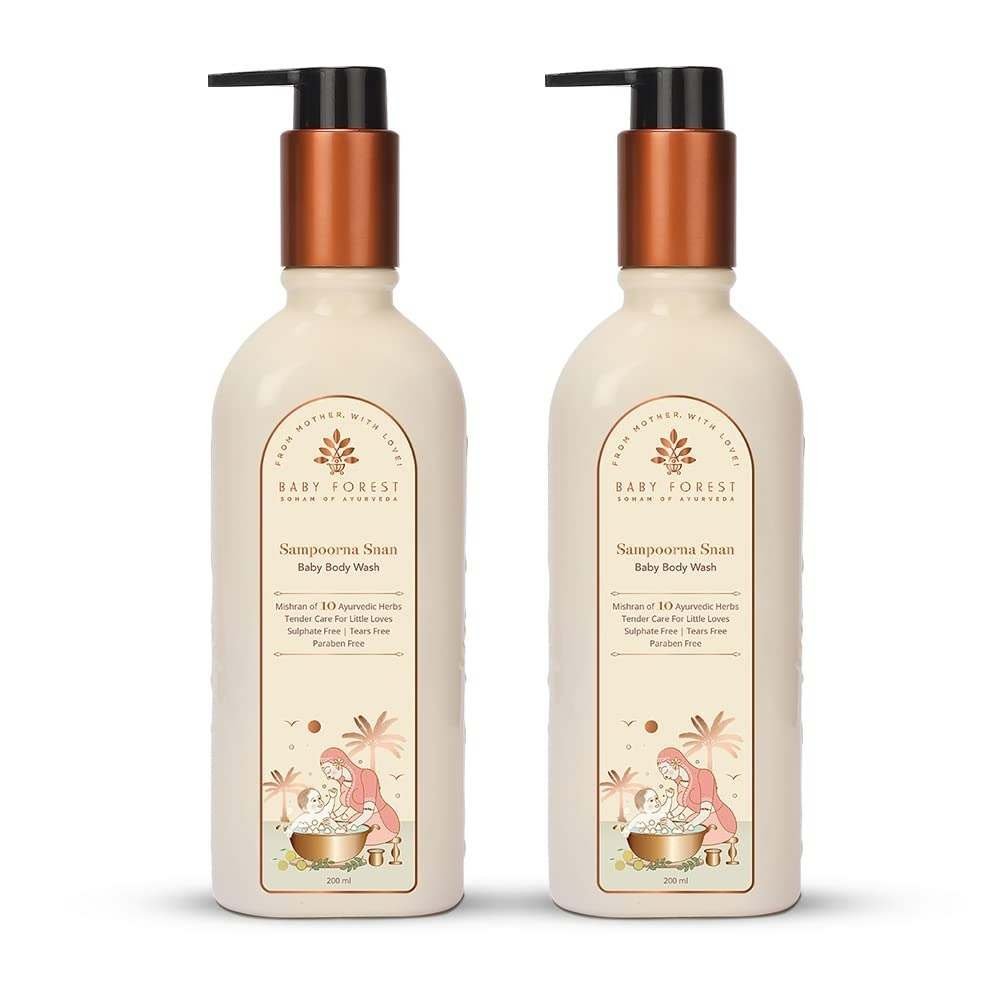 uk51lh71ES5XL-1-1.jpg Baby Forest Sampoorna Snan Baby Body Wash | 10 Ayurvedic Herbs | Tear-Free Formula | Natural Hydration for Baby | Vegan | Cruelty-free | Plant-Based Formulation | Pack of 2 x 200 ml - Fast UK Delivery - Image 1