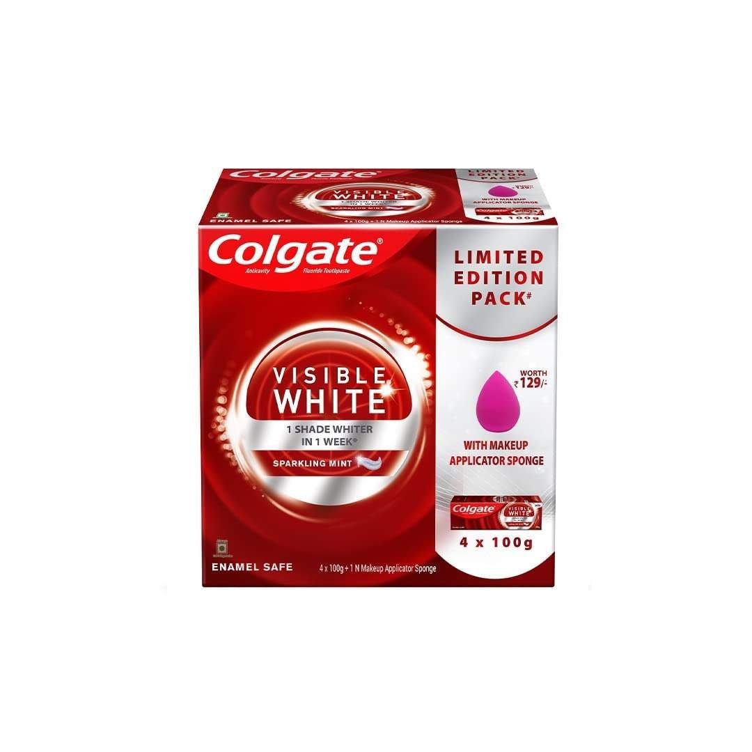 uk51q5edDSFJL-1.jpg Colgate Visible White Toothpaste with Makeup Applicator Sponge, Teeth Whitening Starts in 1 week - 400gm (4x100g) (Combo Pack Offer) - Fast UK Delivery - Image 1
