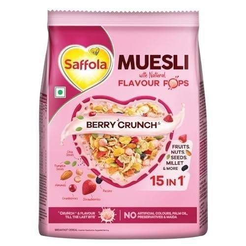 uk51va7PBIEL-1.jpg Saffola Muesli Berry Crunch with Flavour Pops, 185 gm | 15 in 1 Fruit and Nuts, Seeds, Millet & more | Cereals for breakfast rich in wholegrain, protein, fibre - Fast UK Delivery - Image 1