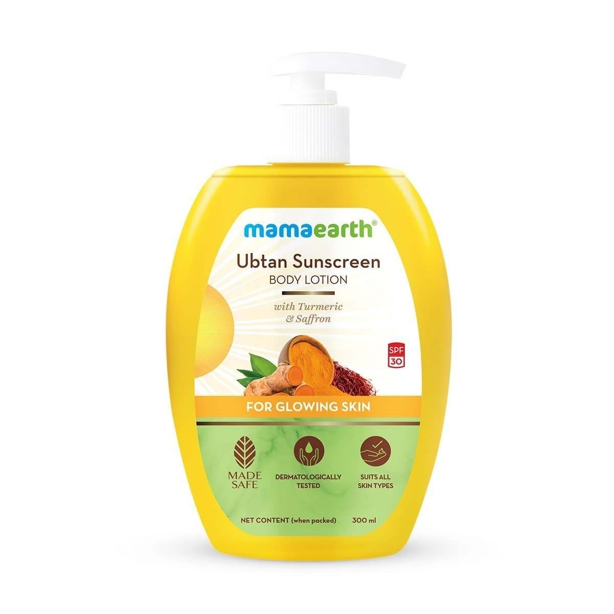 uk51wZKpZJPcL-1.jpg Mamaearth Ubtan Sunscreen Body Lotion SPF 30 with Turmeric & Saffron for Glowing Skin 300 ml - Fast UK Delivery - Image 1