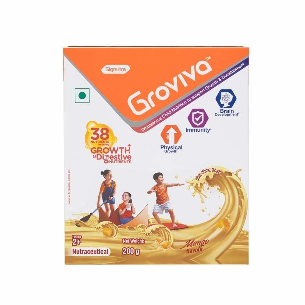 uk61-dJoMv49L-1-1.jpg Groviva Customized Health Nutrition Drink made by Global Experts for Kids that supports Digestion, Physical Growth, Immunity and & Brain Development - Mango 200g BIB - Fast UK Delivery - Image 1
