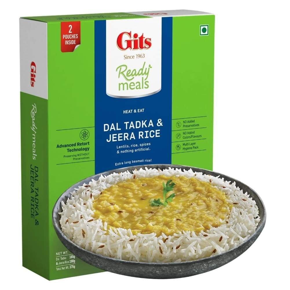 uk610ENDlISL.jpg Gits Ready to Eat Jeera Rice & Dal Tadka Combo Meal, Pure Veg, Heat and Eat, 375g - Fast UK Delivery - Image 1