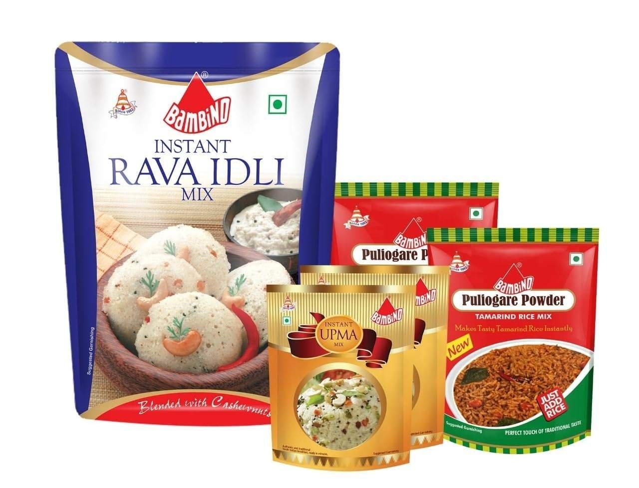 uk610gAPOpg2L-1-1.jpg Bambino Breakfast Combo Mixes Pack of Rawa idli Each 500 Gms I Upma Mix Each 180 Gms X 2 Packets I Puligare Mix Each 100 Gms X 2 Packets - Fast UK Delivery - Image 1