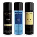 Bella Vita Luxury Unisex Body Parfum Deo Spray Gift Set,Pack Of 3 X 150 Ml, No Gas Long Lasting Premium Fragrance Deodorant|Ceo Men|Skai Aquatic|Klub Men|With Tonka, Bergamot & Vanilla - Fast UK Delivery